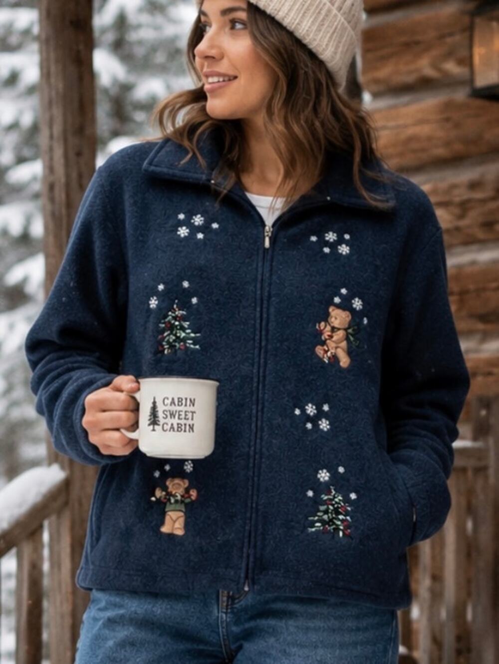 Christmas teddy bear full zip fleece shirt ugly sweater embroidered holiday XL
